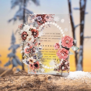 Winter floral PET tape with acrylic flowers and pearls on snowy wood for journaling