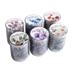 6-roll set of winter floral PET decorative tapes featuring poppies and pinecones