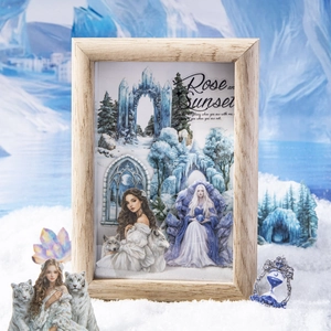 3D winter landscape frame with ice castle and forest, DIY decorative craft stickers