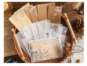 Artistic detail of vintage scrapbooking papers with natural botanical prints in a basket