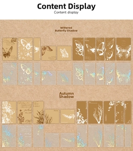 Detailed view of vintage butterfly and autumn botanical scrapbooking stickers on kraft paper
