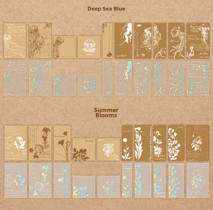 Macro shot of vintage collage stickers featuring jellyfish and floral themes on kraft paper