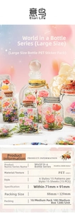 Macro detail of large PET bottle stickers with vibrant floral patterns for scrapbooking