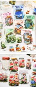 Flat lay of artistic PET jar stickers featuring floral and landscape miniature designs