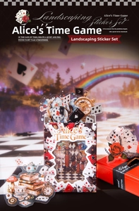 Macro shot of 100-piece Alice in Wonderland themed stickers for vintage scrapbooking art