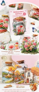 Detail of PET stickers showing forest animals and flowers inside glass bottles