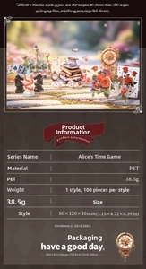 Detailed view of Alice's Time Game PET scrapbooking stickers with product specifications