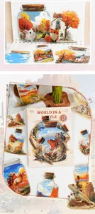 Close-up of decorative PET stickers featuring bottles with watercolor desert scenes