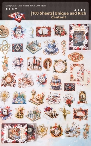 Detailed spread of 100 Alice in Wonderland themed vintage stickers for scrapbooking