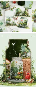 Detailed PET stickers featuring miniature nature landscapes, glass bottles and insects