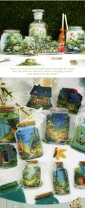 Close-up of PET stickers with forest and bottle scenery for scrapbooking and creative crafts