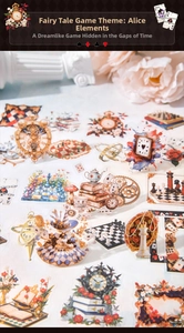 Close-up of Alice in Wonderland vintage stickers featuring tea pots and pocket watches