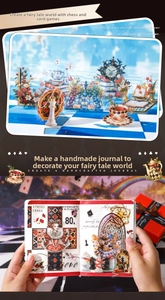 Macro shot of Alice in Wonderland themed scrapbooking stickers with chess and clock motifs