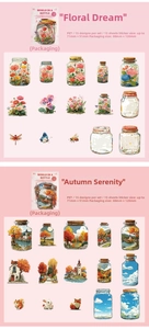 Detail view of large PET decorative floral stickers with bottle and nature motifs