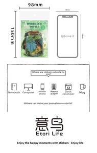 Detail view of 15pcs forest bottle PET stickers with sizing scale against smartphone