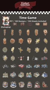 Macro detail of 100-piece Alice in Wonderland PET stickers with steampunk gears and cards