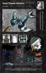 Detail of gothic PET stickers with butterfly, spider web, and skull motifs for DIY journals