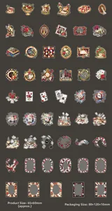 Detail view of vintage Alice-themed stickers featuring teapots, clocks and roses