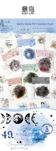 Detail of vintage industrial PET stickers with retro scripts and collage patterns