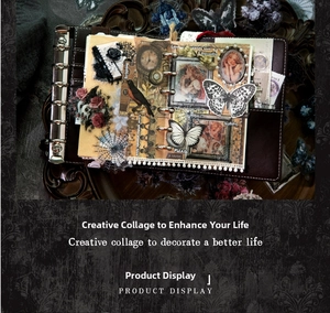 Close-up of vintage Gothic sticker collage on leather journal with butterfly motifs