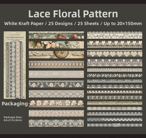 Vista macro de 25 pegatinas de papel kraft blanco vintage con motivos de encaje para DIY