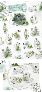 Detail of vintage forest PET stickers with botanicals and postmarks for scrapbooking