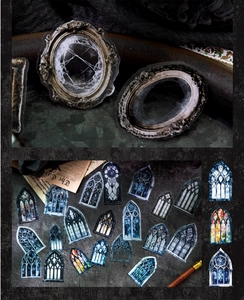 Gothic style PET stickers featuring vintage spiderweb frames and stained glass windows