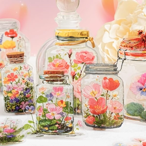 Floral PET clear stickers with watercolor jars and bottles for journaling decoration