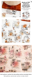Close-up of vintage PET stickers showing waterproof material and floral stamp designs
