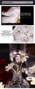 Macro detail of waterproof PET floral stickers showing transparent daisy and lily designs