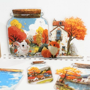 Autumn forest PET sticker set featuring bottle scenery, fox and rabbit for journaling