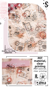 Macro view of retro PET stickers with vintage typography and botanical elements on paper