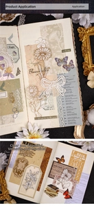 Detail of vintage floral PET stickers and lace frames on a junk journal notebook page
