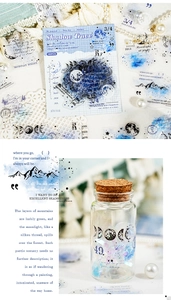 Macro view of Moon Phase PET stickers applied to a glass bottle for journaling decoration