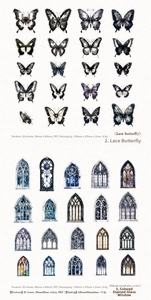 Detail of PET stickers showing lace butterfly and vintage colored glass window patterns