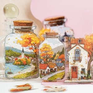 European autumn landscape PET stickers featuring bottles with scenery and cottage designs
