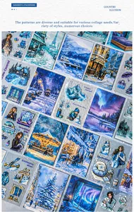 Macro detail of winter scenery stickers featuring snowy landscapes on a faux snow background