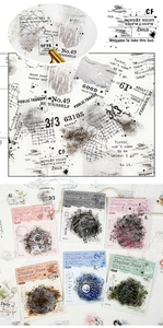 Detail of vintage PET stickers with English typography for scrapbooking journals