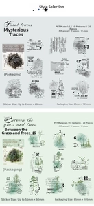 Detail view of Saint Traces vintage PET stickers for scrapbooking with botanical motifs