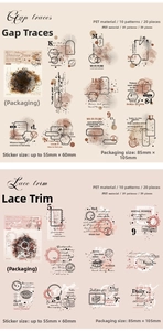 Detail of vintage PET decorative stickers featuring retro frames and lace borders