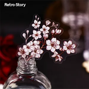 Exquisite PET cherry blossom stickers with white ink and gold foil edges for DIY decor