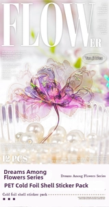 Detailed view of iridescent floral PET sticker with shell light effect and 12 pieces per pack