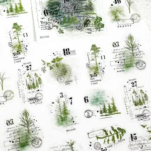 Vintage forest PET stickers with pine trees, botanical elements and retro stamps for scrapbooking