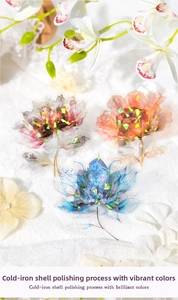 Macro detail of floral PET stickers with cold-iron shell polishing and iridescent finish