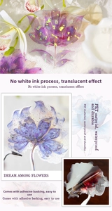 Detail of waterproof PET floral stickers with holographic effects for journaling