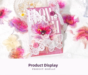 Detail of floral PET stickers with lace butterflies and buttons for scrapbooking