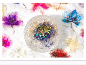 Detailed view of translucent floral PET stickers with iridescent glitter and pearls