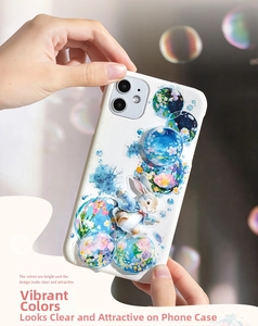 Macro detail of PET floral bubble stickers and rabbit illustration on phone case