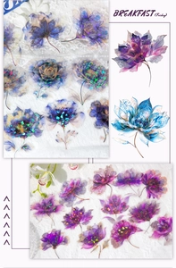 Detail of floral PET stickers with purple and blue flower patterns for scrapbooking
