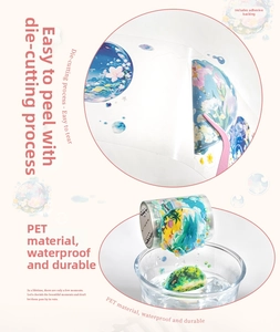 Detail showing PET tape die-cut process and waterproof performance on water bottle